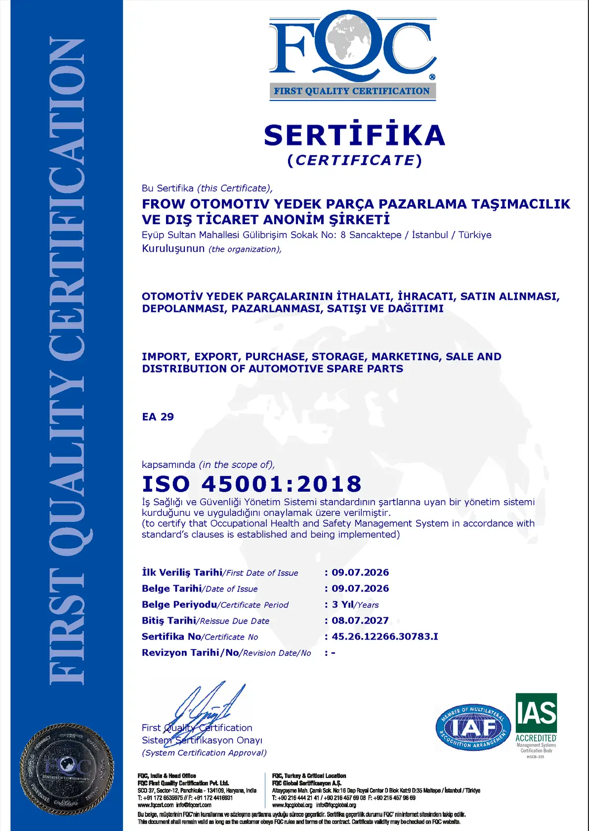 Frow | Sertifikalar