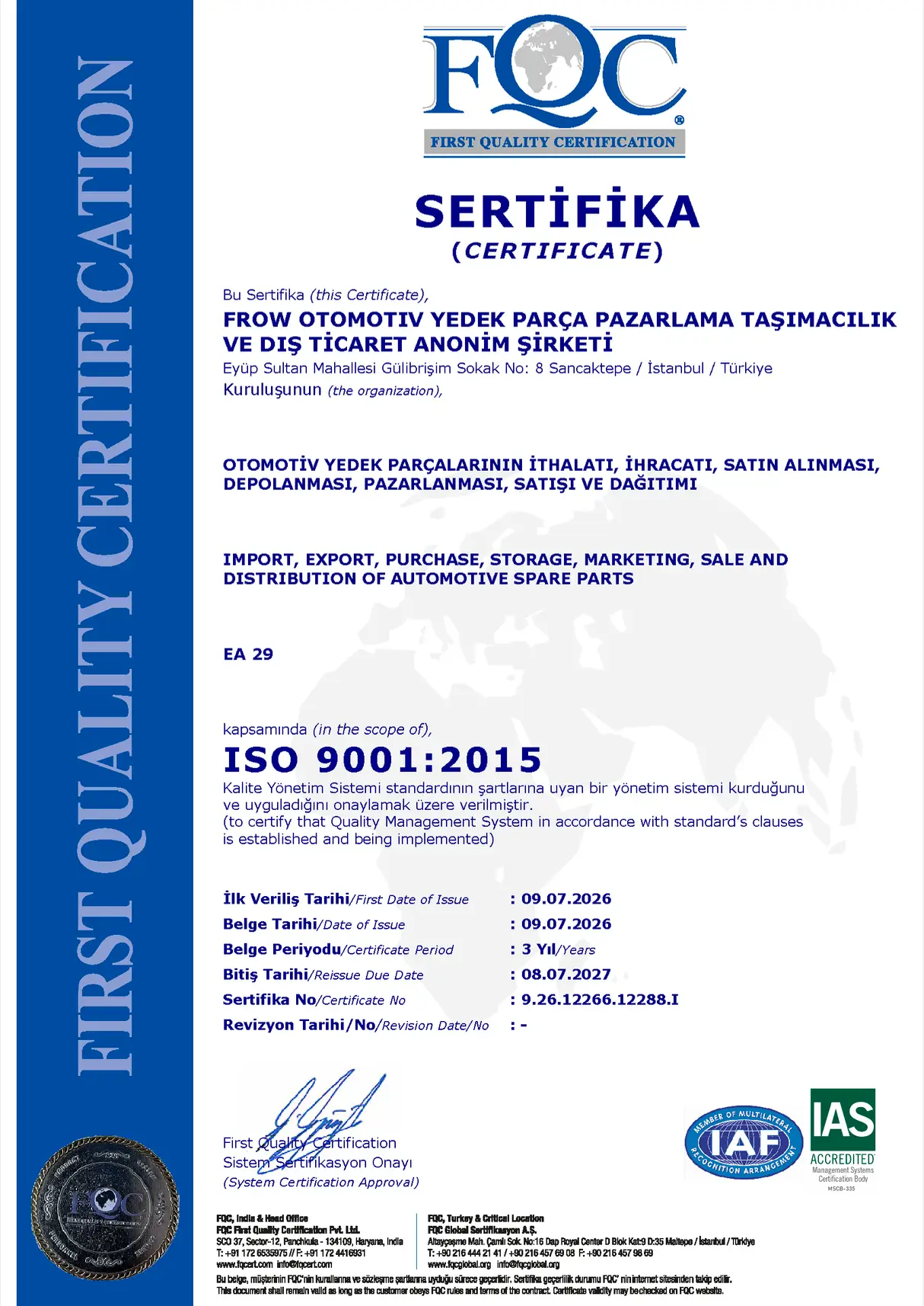 Frow | Sertifikalar